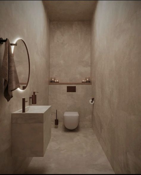 Limewash Toilet Room, Beige Concrete Bathroom, Microcement Toilet Design, Concrete Toilet Design, Wabi Sabi Restroom, Wabi Sabi Toilet Design, Wabi Sabi Toilet, Concrete Powder Room, Spa Toilet