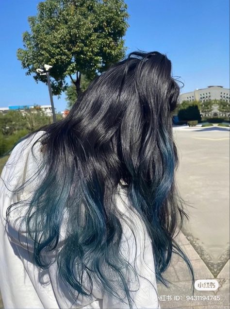 Black Hair With Ends Dyed, Blue Ends On Black Hair, Muichiro Hair Color, Dye Hair Ends, Dye Ends Of Hair, Flicks Haircut Long Hair, Blue Ends Hair, Colored Ends Of Hair, Blue Highlights On Black Hair