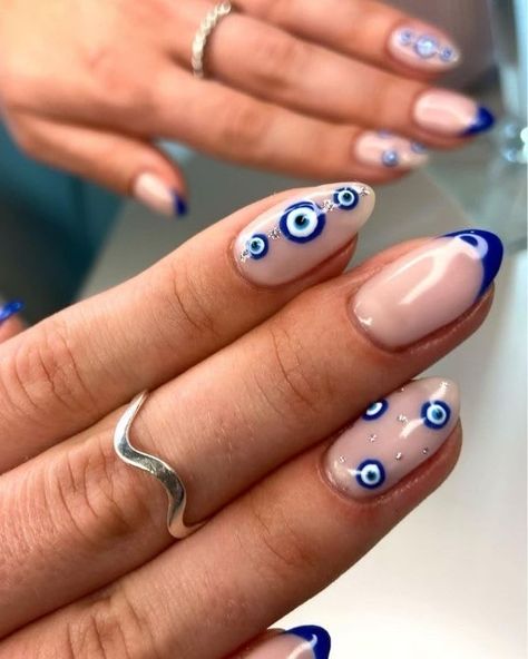 Evil Eye Nails, Dark Blue Nails, Summer Gel Nails, Greek Evil Eye, Glitter Gel Nails, Nail Designs Spring, Funky Nails, Holiday Nails, Blue Nails