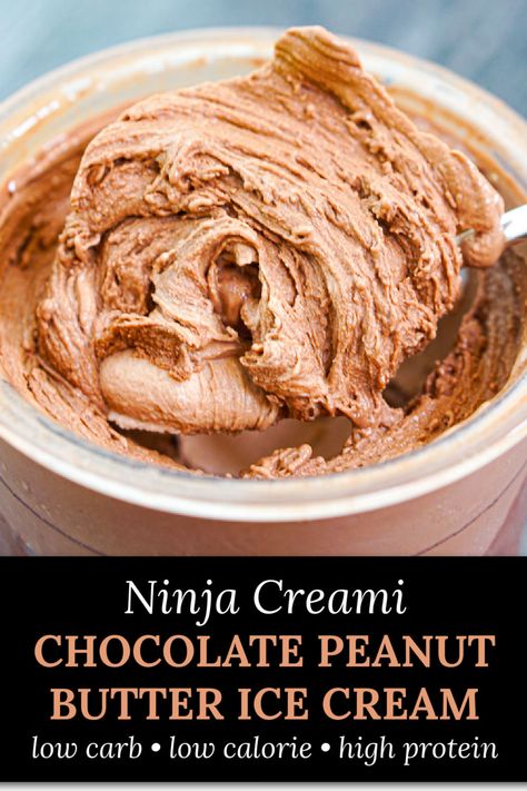 Who doesn't love a chocolate peanut butter flavor combination? Check out this Ninja Creami chocolate peanut butter ice cream recipe that is not only sugar free but it's high protein and low calorie. Creamy chocolate ice cream mixed with peanut butter for a decadent but healthy sweet treat! Low Carb High Protein Creami, Ninja Creami Ice Cream Recipes High Protein Low Cal, Ninja Creami Chocolate Peanut Butter, Peanut Butter Ice Cream Recipe, Creme Recipe, Low Carb Ice Cream Recipe, Chocolate Peanut Butter Ice Cream, Ninja Creamy, Low Calorie Ice Cream