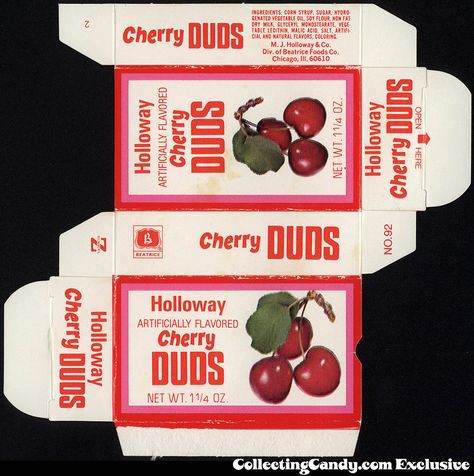 Beatrice - Holloway - Cherry Duds - Milk Duds - 1 1/4 oz candy box - 1977 Vintage Candy Packaging, Candy Box Design, Milk Duds, E Ticket, Fun Dip, Printable Box, Paper Toys Template, Candy Packaging, Candy Brands