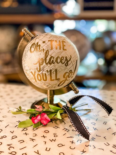 Globe Centerpiece Ideas, Principal Retirement, Pink Globe, Travel Baby Showers, Adventure Baby Shower, Gold Globe, School Principal, Custom Calligraphy, Travel Theme