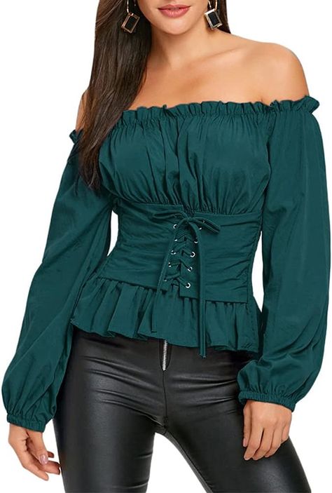 ZAFUL Women's Off The Shoulder Ruffled Long Sleeve Lace Up Smocked Blouse Top at Amazon Women’s Clothing store Smocked Blouse, Smock Blouse, Corset Lace, Ruffle Long Sleeve, Amazon Women, Long Sleeve Lace, Blouse Top, Cool Shirts, Smocking