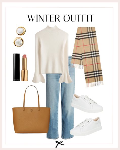 Cute winter outfits for moms. Start with a white flare cuff rib turtleneck sweater and pair it up with some high-waisted cropped jeans for that trendy touch that never goes out of style. Wrap yourself up in a cashmere plaid scarf & slide into some classic white sneakers to keep your feet comfy. Tote around your essentials in a sleek leather tote bag & add a hint of elegance with gold pearl stud earrings that’ll elevate your look effortlessly. Outfits For February, Winter Outfits For Moms, Cashmere Sweater Outfit, Classic White Sneakers, Atlanta Style, Outfit Ideas Trendy, Brunch Outfit Winter, 15 Outfits, White Cashmere Sweater