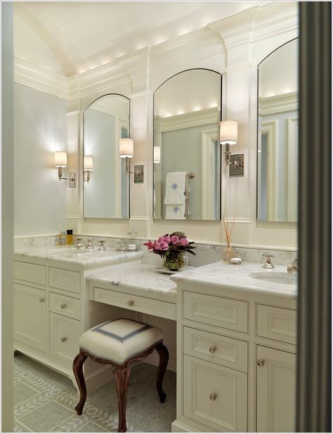 Vanity With Makeup Area, Master Bath Vanity, French Country Bathroom, Double Sinks, Large Bathroom, Cheap Bathrooms, Medicine Cabinets, Master Bath Remodel, Diy Bathroom Remodel