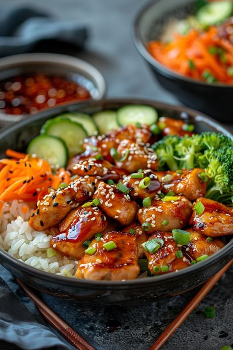 Teriyaki chicken bowl with rice, sliced cucumbers, carrots, broccoli, and sesame seeds. Home Dishes Food, Rice Bowl Ideas Chicken, Thai Bowl Recipes, Pole Bowl Recipe, Sticky Chicken Rice Bowl, Teriyaki Meals, Chicken Sweet Potato Bowl, Asian Chicken Bowl, Healthy Lunch Recipes For Work