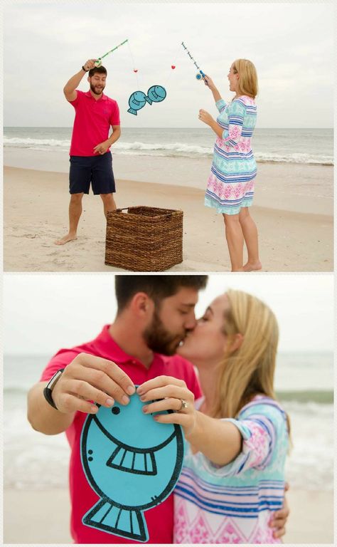 Our beach gender reveal! We had a friend make pink & blue fish and glue magnets onto whatever gender our baby is. She put all of the fish into the basket so even if someone accidently peeked, they wouldn't be able to tell what the gender is. Then we used magnetic fishing poles to go "fishing" and find out that we are having a little boy! Beach Gender Reveal, Fishing Gender Reveal, Save The Date Pictures, Creative Gender Reveals, Baby Gender Reveal Party Decorations, Parenting Daughters, Pregnancy Gender Reveal, Gender Reveal Themes, Gender Reveal Ideas