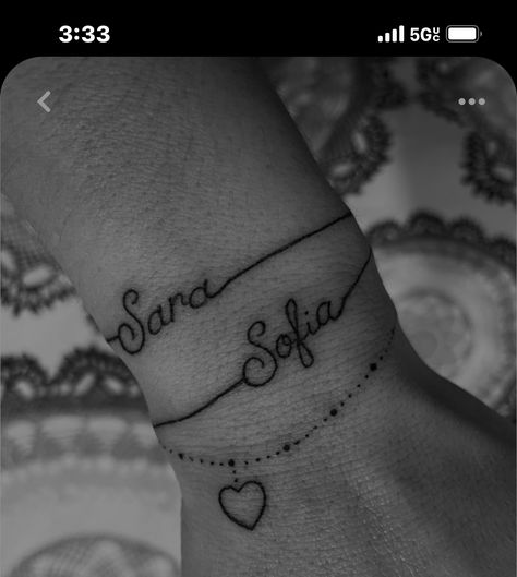 Anklet Tattoos With Names, Tattoo Ideas With Childs Name, Name Tattoo Bracelet Wrist, Tattoo Name Bracelet, Bracelet Tattoos For Women With Name, Tattoo For Daughter Name, Daughter Names Tattoo Ideas Mom, 2 Kids Names Tattoos For Women, Children’s Name Tattoo Ideas