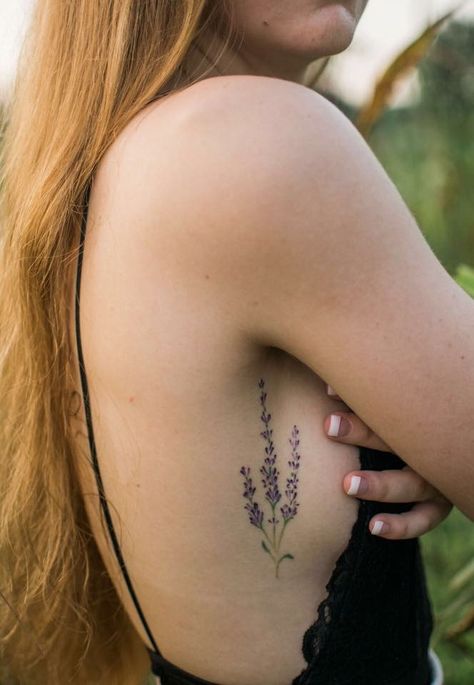 Lavender Behind Ear Tattoo, Large Lavender Tattoo, Lavender Tattoo Side Rib, Lavender Side Tattoo, Lavender Twig Tattoo, Lilac Rib Tattoo, Lavander Tattoo Arm, Lilac Back Tattoo, Lavender Tattoos For Women