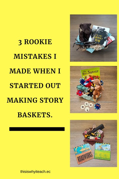 There were 3 mistakes that I made and I am sharing them so you can avoid them! #1 I made story baskets for the stories I loved! #2 I put too much in them. #3 I thought I needed a new one every day Loose Parts Storytelling, Story Boxes Preschool, Storytelling For Preschoolers, Story Telling Basket, Preschool Story Baskets, Story Baskets Ideas, Story Baskets For Preschool, Story Baskets For Toddlers, Story Box Ideas