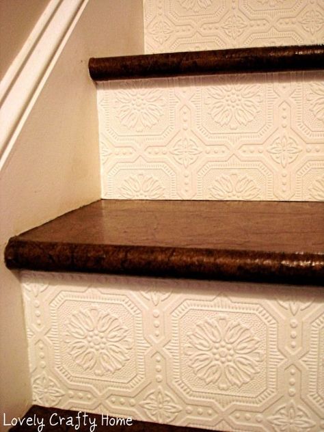 Textured Wallpaper Stair Riser 1 Stairs Makeover Ideas, Farmhouse Stairs, Basement Stairs Ideas, Wallpaper Stairs, Architecture Restaurant, Stair Makeover, Stairs Makeover, Staircase Remodel, Paintable Wallpaper