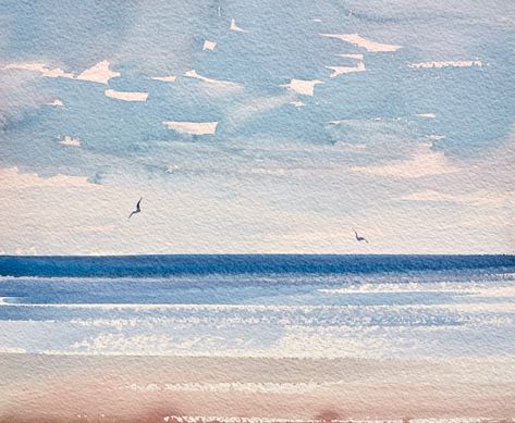 Sunlit shore, St Annes-on-sea original art watercolour painting by fine artist Timothy Gent. Inspired by the light over the seashore at St Annes-on-sea beach in Lancashire, England. See more original art in the Timothy Gent Gallery online. #art #painting #sunset #beach #coastal #interior #decor #originalart #artist #modern #contemporary Beach Drawing Watercolor, How To Paint Sea Watercolor, Watercolor Painting Sea, Sea Drawing Watercolors, Beach Watercolour Painting, Watercolor Coastal Art, Watercolour Beach Painting, Sea Art Drawing, Sea Painting Watercolor