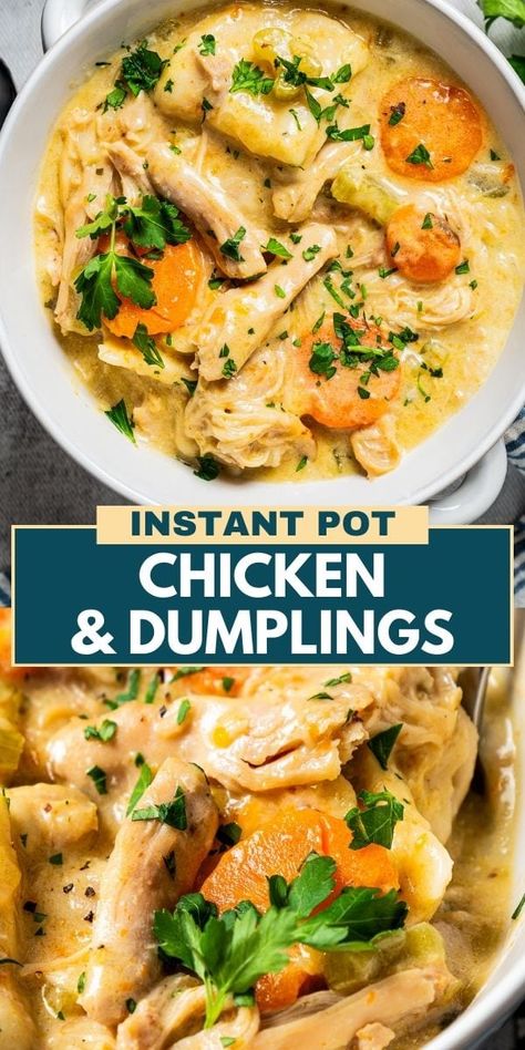 If comfort food is what you're after, this Instant Pot chicken and dumplings hits the spot. Juicy shredded chicken, soft biscuit dumplings, and tender veggies come together in a deliciously rich and creamy broth. Chicken And Dumplings Instapot, Instapot Chicken And Dumplings Easy, Chicken N Dumplings Instant Pot, Easy Instant Pot Chicken And Dumplings With Biscuits, Instant Pot Chicken And Dumplings With Canned Biscuits, Chicken And Dumplings Insta Pot, Instapot Chicken And Dumplings, Biscuit Dumplings, Juicy Shredded Chicken