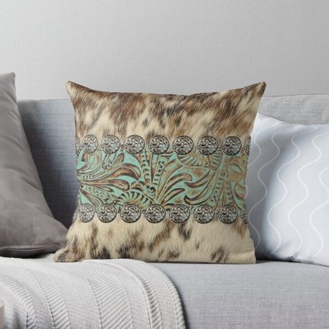 "Rustic brown cowhide teal western country tooled leather " Throw Pillow by lfang77 | Redbubble Cowboy Fashion, Apt Decor, Leather Throw Pillows, Country Cowboy, Plans Architecture, Brown Cowhide, Western Homes, Throw Pillow Styling, Pillow Styling