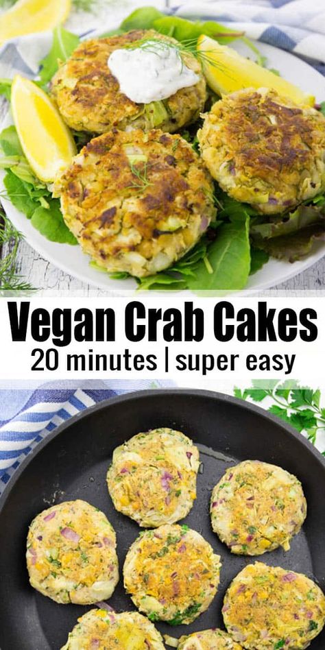 These vegan crab cakes much such a delicious vegan dinner! They're super easy to make and they're such a great vegan fish alternative! Find more vegan recipes at veganheaven.org! Vegan Diner, Vegan Crab Cakes, Vegan Crab, Vegan Fish, Vegan Burgers, Vegan Appetizers, Vegan Lunch, Crab Cakes, Vegan Cooking