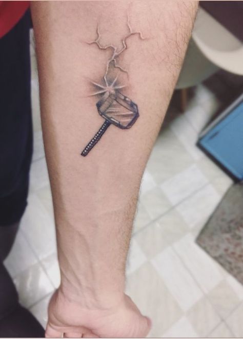 Thor's Hammer Tattoo, Small Thor Tattoo, Mjolnir Tattoo Marvel, Marvel Thor Tattoo, Stormbreaker Tattoo, Thor Tattoo Marvel, Thor Tattoo Ideas, Mjolnir Tattoo Design, Iron Man Tattoos