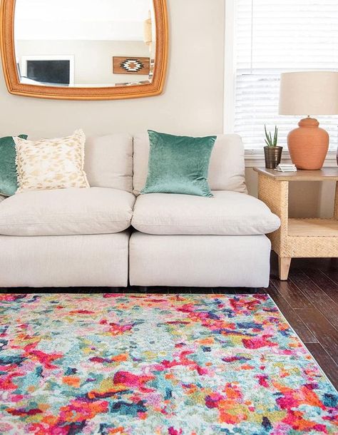 colorful vibrant area rug placed in front of off white couch Puzzle Room, Vibrant Living Room, Living Room Entry, All Modern Rugs, Urban Rustic, Rugs Uk, Color Rug, Modern Kilim, College Apartment