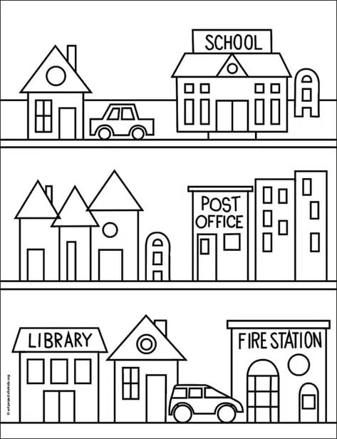 Easy How to Draw Your Neighborhood Tutorial and Coloring Page Community Places Preschool, Architecture Coloring Pages, Community Places Preschool Activities, Community Neighborhood, Arts Preschool, Street Drawing, Neighborhood Activities, Places In The Community, Suburban Street