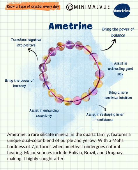 Know a type of ore every day 📒 Ametrine ✨ Niche two-color crystal Discovered in the 16th century at Bolivia's Anahi mine, Ametrine is a rare quartz featuring a natural purple-yellow blend. Formed by heated Amethyst, it's valued for balance, intuition, and creativity. Major sources: Bolivia, Brazil, Uruguay.#crystalmeanings #Ametrine #GemstoneSpotlight #BalanceAndHarmony #NaturalQuartz #PurpleAndYellow #CrystalHealing #ConfidenceBoost #Intuition #Creativity #RareGemstones #AnahiMine #BolivianG... Crystals Meanings, Natural Philosophy, Peace And Harmony, Crystal Meanings, Rare Gemstones, Energy Field, Confidence Boost, Earth Science, Color Crystal