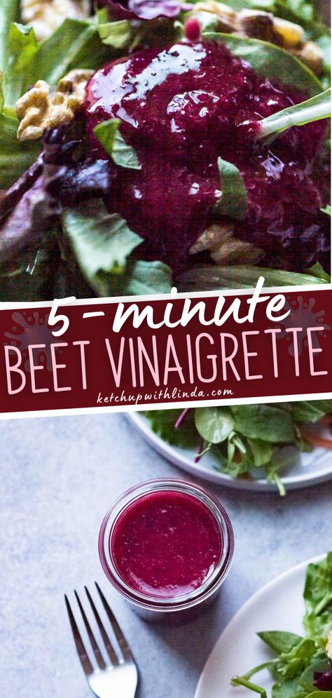 A quick and easy healthy salad dressing recipe ready in just 5 minutes! This vegan Beet Vinaigrette is light and delicious, making it perfect for your everyday salad. It is a simple salad dressing with lemon, beetroot, and dressed in olive oil. Save this pin! Beet Dressing Vinaigrette, Beet Salad Dressing Vinaigrette, Beet Salad Dressing Recipes, Beet Salad Vinaigrette, Beet Vinaigrette Dressing, Dressing For Beet Salad, Vegan Beet Salad, Beetroot Salad Dressing, Beetroot Vinaigrette