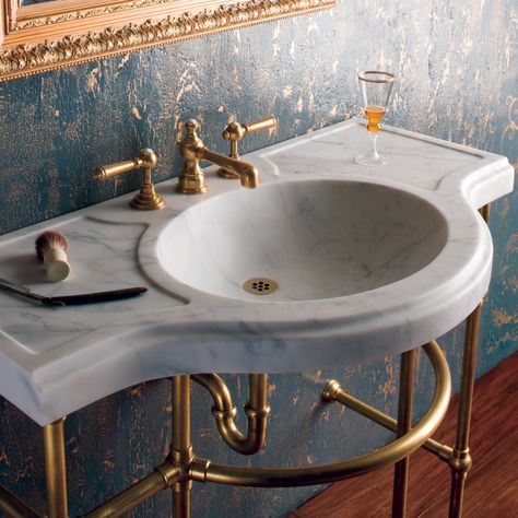 Ravenna Mosaics, Polished Nickel Faucet, Stone Forest, Powder Room Sink, Gold Tile, Console Sink, Console Sinks, Honed Marble, Marble Sinks