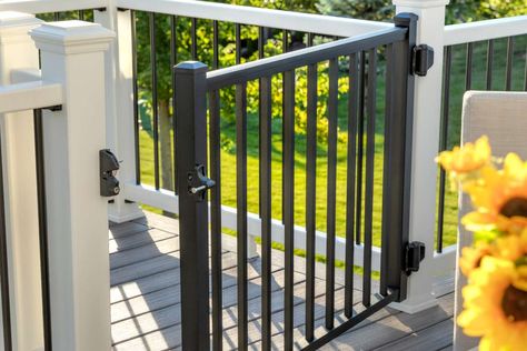 How To Install A Deck Gate | Trex Deck Stair Gate, Deck Gate Ideas, Trex Steps, Deck Upgrade, Building A Gate, Deck Gate, Outdoor Gate, Metal Deck, Stair Gate