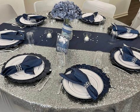 Navy Blue Quinceanera Ideas, Navy Blue Hydrangea, Blue Quinceanera Ideas, Navy Blue Quinceanera Dresses, Navy Blue Napkins, Event Decor Ideas, Party Decorations Table, Navy Table, Silver Party Decorations