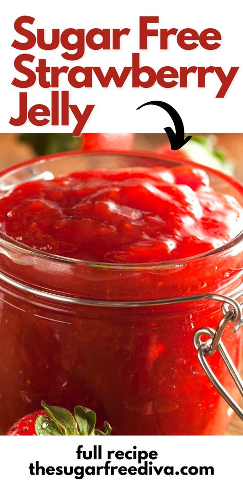 Love this Homemade diy recipe idea for no added sugar jelly. Make this sugar free and easy strawberry jelly to put in sandwiches, cookies, or anything else that deserves a fruit taste! Diy Strawberry Jelly, Sugar Free Jams And Jellies, Sugar Free Jelly Recipes For Canning, Sugar Free Jelly Recipes, Strawberry Jelly Recipe, Keto Jelly, Strawberry Jelly Recipes, Sugar Free Jelly, Canning Soup Recipes