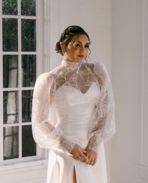 High Neckline Wedding Dress, Wedding Dress Bolero, Bridal Topper, Bridal Bolero Jacket, Wedding Dress Topper, Blouse High Neck, Lace Bolero Jacket, High Neck Lace Top, Long Puffy Sleeves