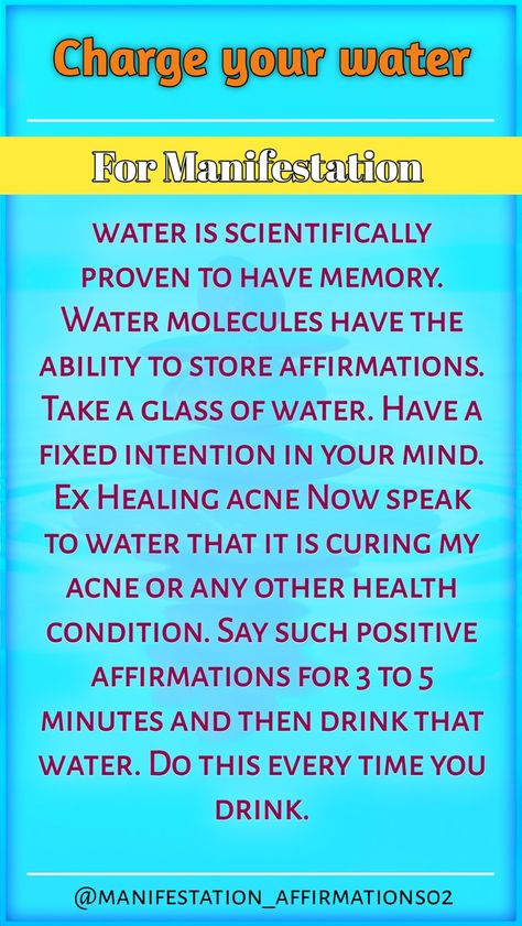 Manifestation tips, manifestation, manifest, law of attraction Speaking Affirmations Into Water, Acne Affirmations, Water Affirmations, Subliminal Results Skin, Water Manifestation, Water Healing, Healing Acne, Water Therapy, Goddess Symbols