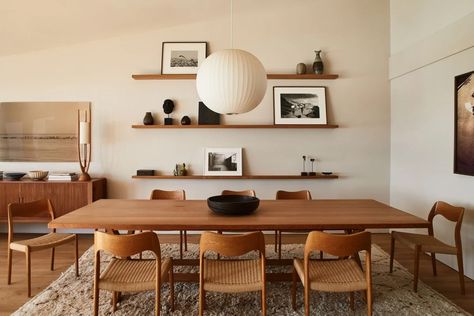 Teak Kitchen Table, Moller Chairs Dining Room, Large Floating Shelves Dining Room, Shelves Over Dining Table, Dining Area Floating Shelves, Danish Dining Table And Chairs, Dining Table Shelves, Floating Shelves In Dining Area, Teak Dining Table And Chairs