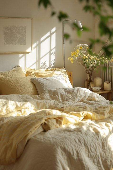 Bedroom Light Yellow Walls, Airy Light Bedroom, Relaxing Room Aesthetic, Cute And Cozy Bedroom Ideas, Bedding Ideas Pastel, Bedroom For 25 Year Old Woman, Sunshine Bedroom Aesthetic, Cool Bedroom Ideas For Women, Beds No Headboard Ideas