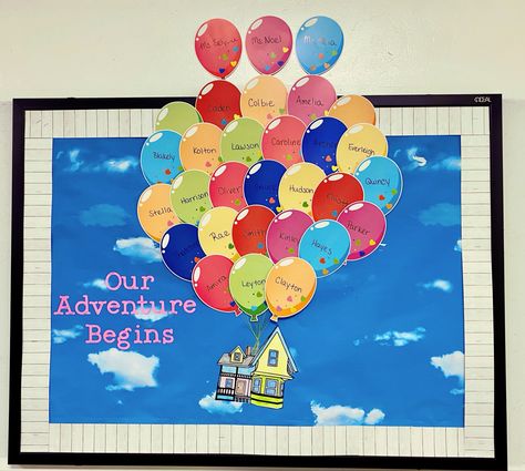 Beginning School Year Bulletin Boards, Disney Up Bulletin Board, Up Themed Bulletin Board Ideas, New School Year Bulletin Board Ideas, Up Theme Bulletin Board, Preschool Beginning Of The Year Bulletin, Bulletin Board Ideas Beginning Of Year, Disney Bulletin Boards Classroom Themes, Welcome Boards For School