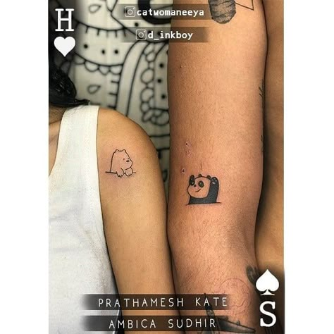 Matching Bear Tattoos Couples, Panda Couple Tattoo, Ice Bear Tattoo, Tattoos That Go Together, Matching Friend Tattoos, Tiny Wrist Tattoos, Bestie Tattoo, Panda Tattoo, Bear Tattoos