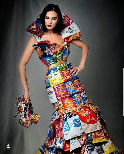 Had fun making and styling this! #trashion #crisps #trashdresses #wearableart #oneofakind #rubbish #recycled #redcarpet #dresstoimpress Recycled Materials Fashion, Recycled Dress Ideas, Recycler Diy, Sustainable Fashion Upcycling, Eco Dresses, Recycled Outfits, Upcycling Fashion, Recycled Dress, Dress Sketches