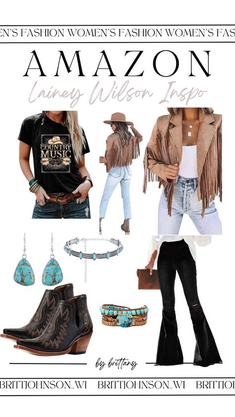 Boho Western Womens Clothing, Country Western Style Outfits, Long Fringe Vest Outfit, Walmart Western Outfits, Womens Western Fall Outfits, Woman’s Western Fashion, Pants Country Concert Outfit, Cowgirl Outfits Amazon, Country Concert Outfit Lainey Wilson