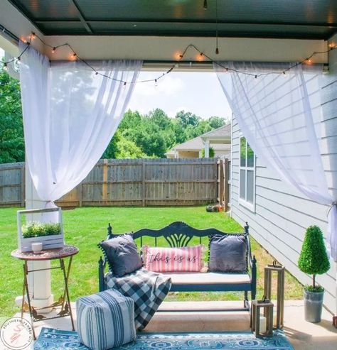 Wondering how to make a patio feel private and cozy on a budget? check out this outdoor hack for making outdoor curtains for cheap. Gazebo Curtains Outdoor Diy, Pavilion Curtains, Diy Bench Cushion, Screened In Porch Diy, Gazebo Curtains, Outdoor Hacks, Porch Curtains, Privacy Landscaping, Cheap Curtains