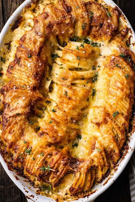 Cheesy Hasselback Potato Gratin | So Much Food Hasselback Gratin Potatoes, Cheesy Hasselback Potato Gratin, Cheesy Hassle Back Potatoes, Hasselback Scalloped Potatoes, Gouda Potatoes, Cheesy Hasselback Potatoes, Potatoes With Cheese, Recipes Potatoes, Potato Gratin Recipe