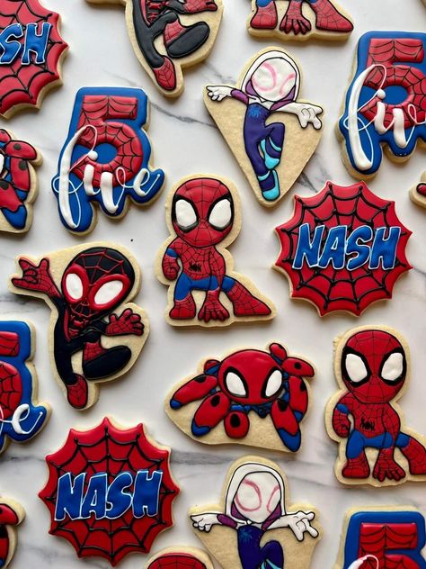 Spidey And His Amazing Friends Birthday Cake Pops, Spidey And His Amazing Friends Birthday Cookies, Spidey And His Amazing Friends 3rd Birthday Party, Spidey And Friends Cookies Decorated, Spiderman Birthday Cookies, Spidey And Friends Cookies, Spider-man Cookies, Spidey And His Amazing Friends Cookies, Spiderman Cookies