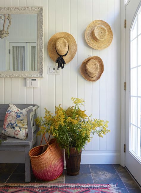 In the master bedroom of my first home, I had a collection of hats populating one wall. Here's a collection of pictures showing how to decorate with hats. Cottage Foyer, Farmhouse Foyer, Tongue And Groove Walls, Farmhouse Entry, Cottage Retreat, Lakeside Cottage, Coastal Living Rooms, Coastal Bedrooms, Lake Cottage