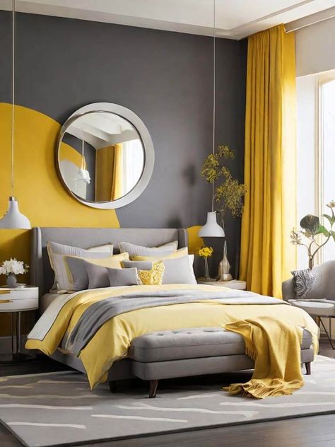 Yellow And Gray Bedroom Ideas, Grey And Yellow Bedroom Ideas, Yellow Walls Bedroom Ideas, Grey Yellow Bedroom, Yellow Room Aesthetic, Yellow Bedroom Aesthetic, Yellow Bedroom Design, Mustard And Grey Bedroom, Gray And Yellow Bedroom Ideas