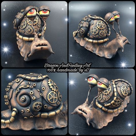 Gothic Polymer Clay Ideas, Polymer Clay Sculpture Ideas, Steampunk Trinkets, Clay Snails, Steampunk Pottery, Polymer Clay Snail, Clay Snails Sculpture, Steampunk Snail, Polymer Clay Steampunk