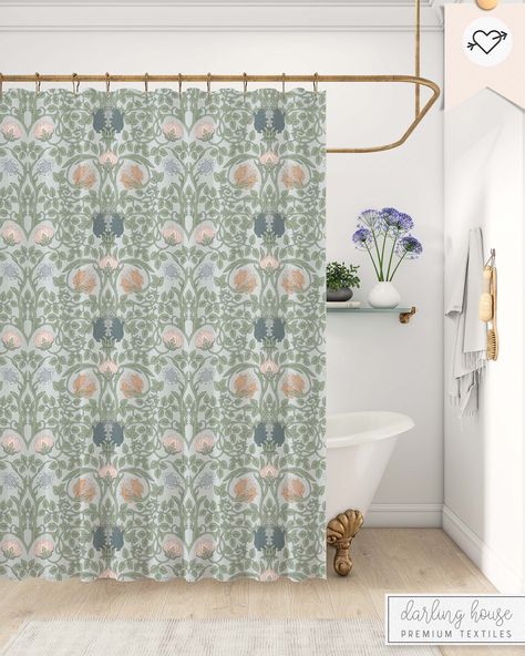 Cottagecore Bathroom, Art Nouveau Home, Botanical Shower Curtain, Vintage Sage Green, Orange Blossoms, William Morris Art, Art Nouveau Floral, Floral Shower Curtains, Upstairs Bathrooms