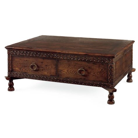 Century Marbella and Chateau Lyon Solid Wood Coffee Table with Storage | Perigold Spanish Colonial Interior, Gentlemens Room, Console Table Bar, Spanish Style Furniture, Basement Pub, Cofee Tables, Side Table Desk, Fox Club, Wormy Chestnut