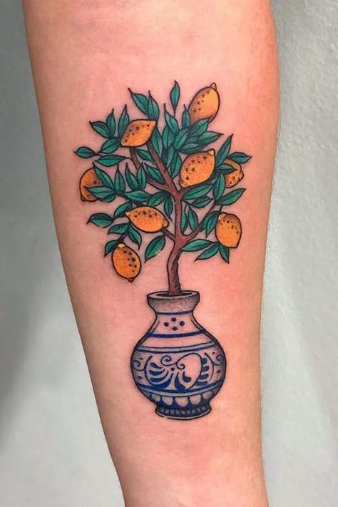 American Traditional Lemon Tattoo, Strawberry And Lemon Tattoo, Lemon Tree Tattoo Minimalist, Traditional Lemon Tattoo, Orange Tree Tattoo, Lemon Tree Tattoo, Lemon Tattoo, Vase Tattoo, Strawberry Tattoo