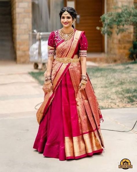 Saree With Lehenga Drape, Saree On Lehenga, Drape A Saree, Haldi Dress Ideas, Marriage Dresses, Silk Half Saree, Silk Outfits, Half Saree Function, Lehenga Saree Design