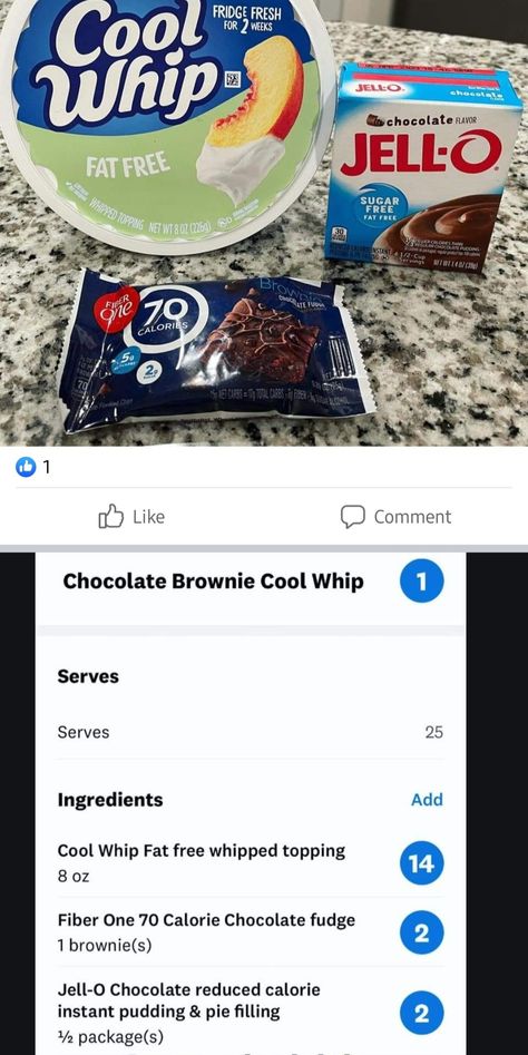 Ww Cool Whip And Pudding Desserts, Chocolate Brownie Cool Whip, No Bake Chocolate Brownie Cool Whip, Zero Calorie Cool Whip Dessert, Fiber One Brownie Dessert, Ww Chocolate Brownie Cool Whip, Pudding Pie Filling, Cool Whip Desserts, Fiber One