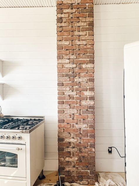 Chimney In Kitchen Ideas, Chimney Covering Ideas, Column In Kitchen, Old Chimney, Steel Decor, Fake Brick, Mudroom Flooring, Interior Brick, Mantle Ideas