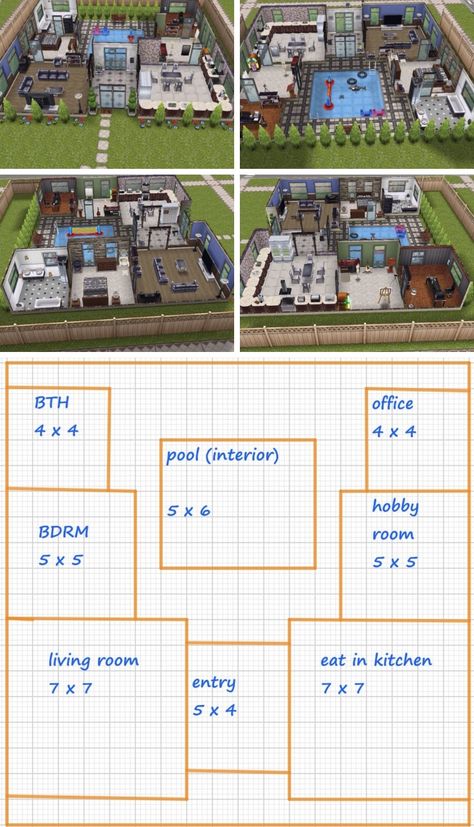 Sims Freeplay Houses Layouts, One Story House Design, Casas The Sims Freeplay, Shaped House, One Story House, Sims Freeplay Houses, Bangunan Minecraft, Sims Free Play, Sims 4 House Plans