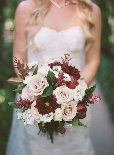 Burgundy dahlias, peonies, champagne roses, astilbe wedding bouquet | Rancho Valencia Wedding | Robert & Kathleen Photographers Marsala Wedding Bouquet, Astilbe Wedding, Fall Wedding Bouquets Burgundy, Burgundy Dahlia, Burgundy And Blush Wedding, Marsala Wedding, Fall Wedding Bouquets, Fall Wedding Flowers, Bouquet Of Flowers